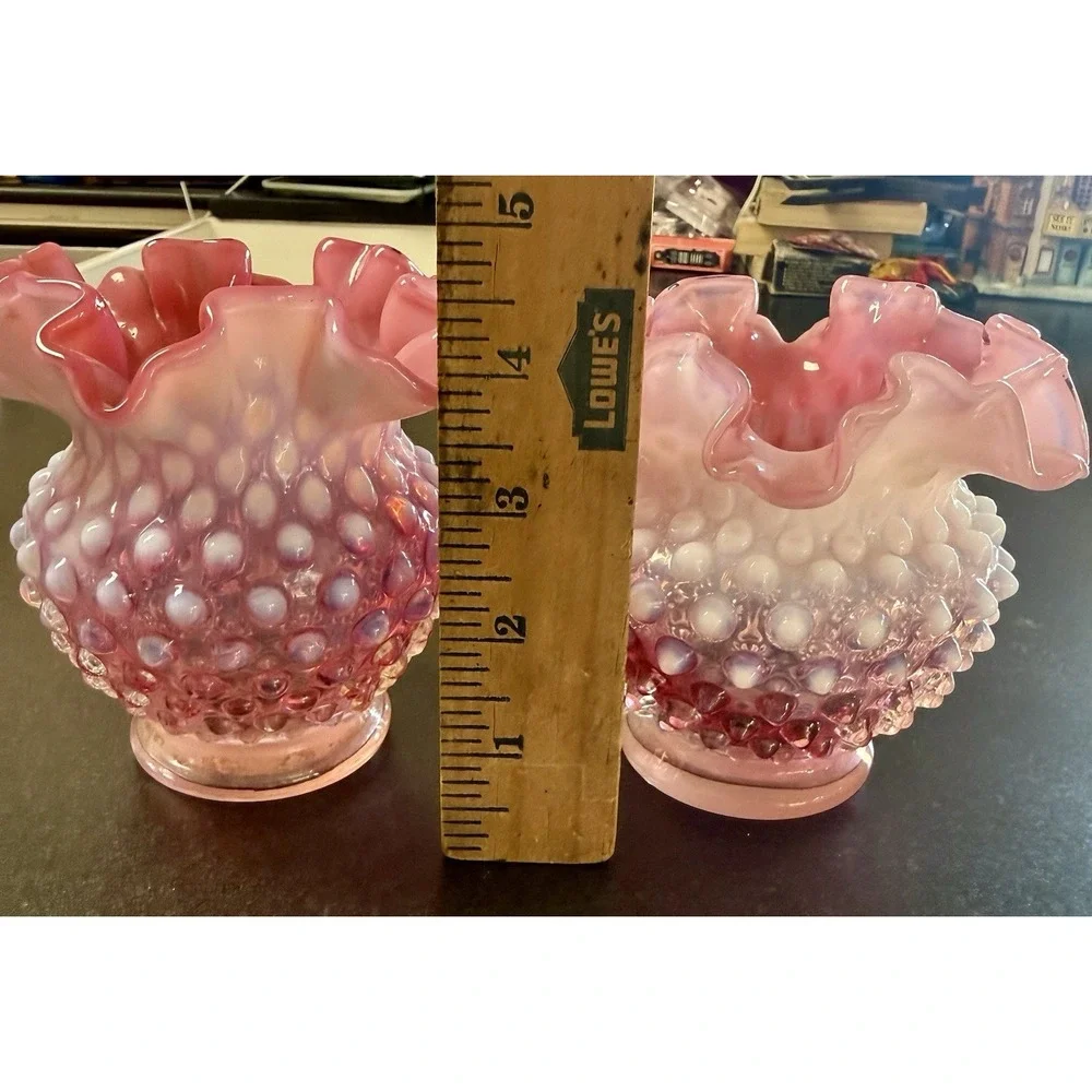 Pair Fenton Cranberry Opalescent Hobnail Rose Bowl Vases – Ruffled Edge – Vtg